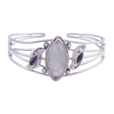 Sterling Silver Purple Marquise Stone Amethyst and Moonstone Cuff Bracelet