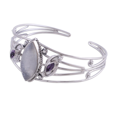 Rainbow moonstone and amethyst cuff bracelet, 'Feminine Glow' - Rainbow Moonstone and Amethyst Cuff Bracelet from India