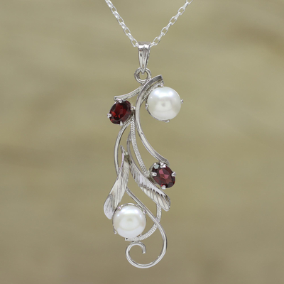 Rhodium plated garnet and cultured pearl pendant necklace, 'Eternal Glamour' - Leafy Garnet and Cultured Pearl Pendant Necklace from India