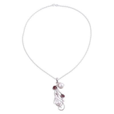 Rhodium plated garnet and cultured pearl pendant necklace, 'Eternal Glamour' - Leafy Garnet and Cultured Pearl Pendant Necklace from India
