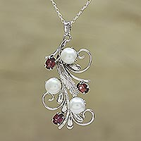 Rhodium plated garnet and cultured pearl pendant necklace, 'Royal Vine'