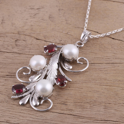 Rhodium plated garnet and cultured pearl pendant necklace, 'Royal Vine' - Rhodium Plated Cultured Pearl and Garnet Necklace from India