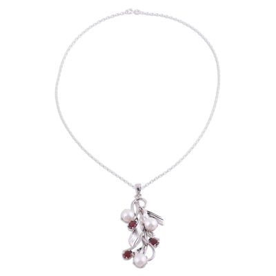 Rhodium plated garnet and cultured pearl pendant necklace, 'Blissful Nature' - Cultured Pearl and Faceted Garnet Necklace from India