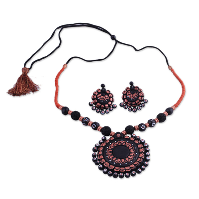 Ceramic jewelry set, 'Sunflower Majesty' - Handcrafted Floral Ceramic Jewelry Set from India