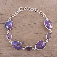 Sterling silver link bracelet, 'Gleaming Lilac' - Amethyst and Purple Turquoise Bracelet from India