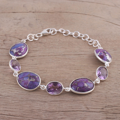 Sterling silver link bracelet, 'Gleaming Lilac' - Amethyst and Purple Turquoise Bracelet from India