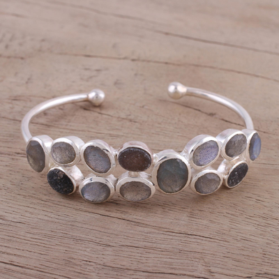 Labradorite and drusy cuff bracelet, 'Imperial Mystery' - Labradorite and Drusy Cuff Bracelet from India