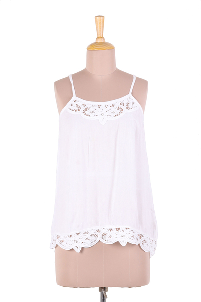 Rayon camisole top, 'Floral Paradise' - White Rayon Lace Trimmed Camisole Top with Adjustable Straps