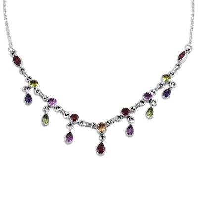 Multi-gemstone pendant necklace, 'Festive Drops' - Multi-Gemstone Link Pendant Necklace from India