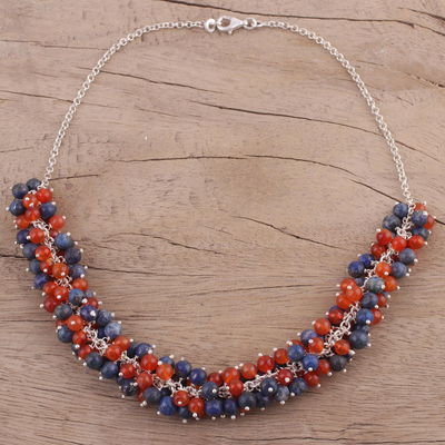 Carnelian and lapis lazuli beaded necklace, 'Bubble Blast' - Carnelian and Lapis Lazuli Beaded Necklace from India