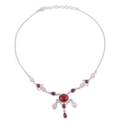 Multi-gemstone pendant necklace, 'Marvelous Fire' - Elegant Multi-Gemstone Pendant Necklace from India