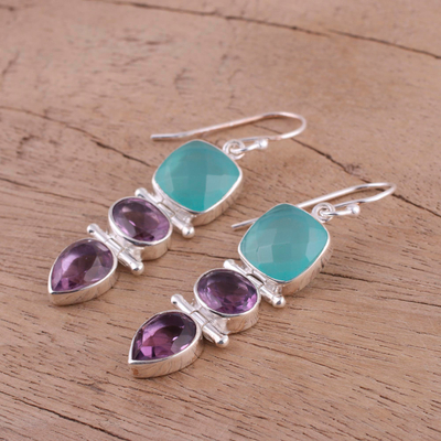 Amethyst and chalcedony dangle earrings, 'Glittering Muse' - Amethyst and Chalcedony Dangle Earrings from India