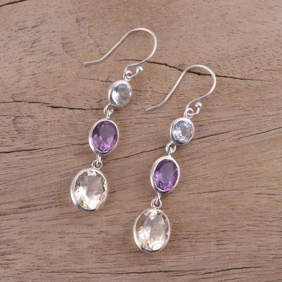 Multi-gemstone dangle earrings, 'Glittering Trio' - Multi-Gemstone and Silver Dangle Earrings from India