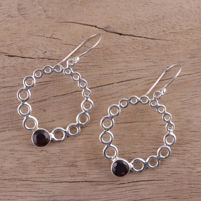 Garnet dangle earrings, 'Halo Rings' - Circle Pattern Garnet Dangle Earrings from India