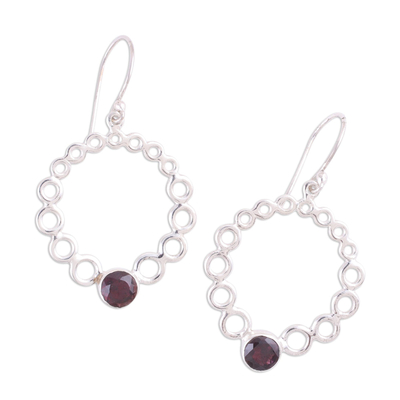 Garnet dangle earrings, 'Halo Rings' - Circle Pattern Garnet Dangle Earrings from India
