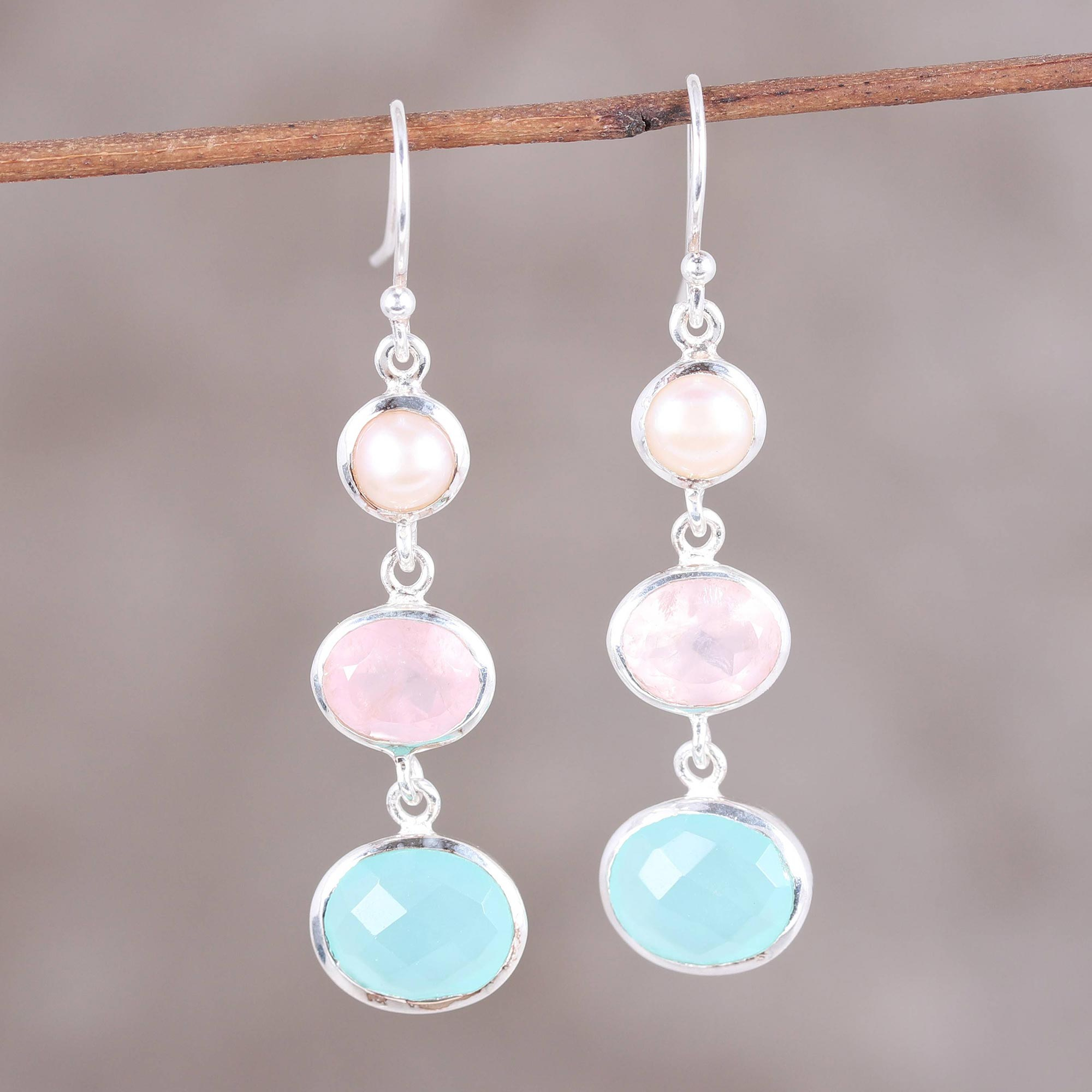 Delicate Freshwater Pearl and Soft Blue Chalcedony Earrings
