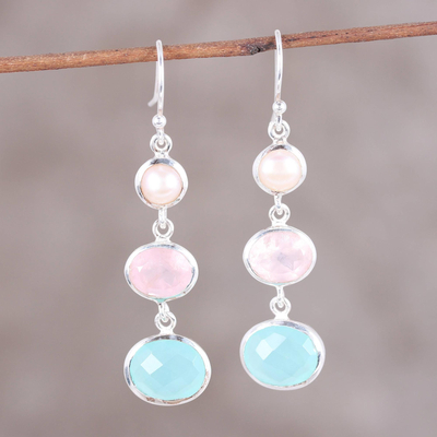 Multi-gemstone dangle earrings, 'Lovely Trio' - Chalcedony Rose Quartz and Pearl Earrings from India
