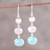 Multi-gemstone dangle earrings, 'Lovely Trio' - Chalcedony Rose Quartz and Pearl Earrings from India (image 2) thumbail