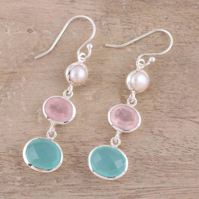 Multi-gemstone dangle earrings, 'Lovely Trio' - Chalcedony Rose Quartz and Pearl Earrings from India