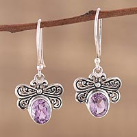 Amethyst dangle earrings, 'Busy Butterflies' - Amethyst Butterfly Dangle Earrings from India