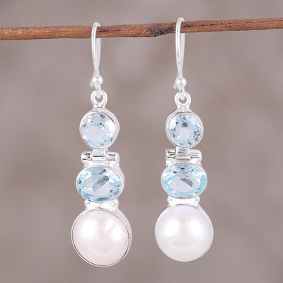 Blue topaz and cultured pearl dangle earrings, 'Dance in the Clouds' - Blue Topaz and Cultured Pearl Dangle Earrings from India