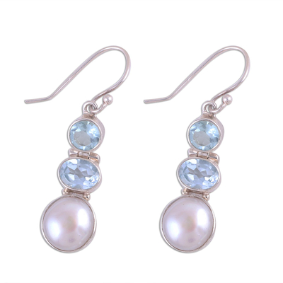 Blue topaz and cultured pearl dangle earrings, 'Dance in the Clouds' - Blue Topaz and Cultured Pearl Dangle Earrings from India