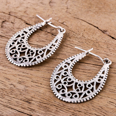 Sterling silver hoop earrings, 'Delightful Vines' - Sterling Silver Vine Motif Hoop Earrings from India