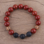 Jasper and onyx beaded stretch bracelet, 'Fiery Delight' - Multi-Gemstone Beaded Stretch Bracelet from India
