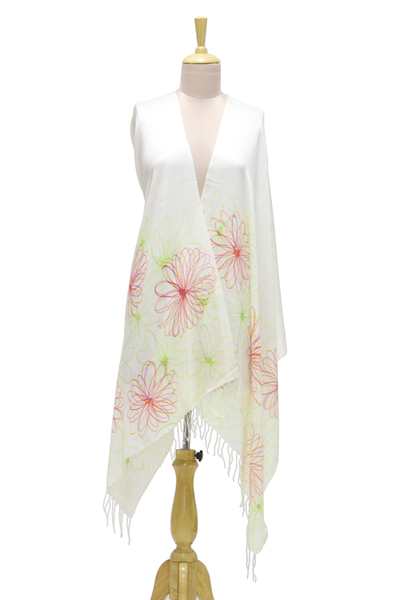 Silk blend shawl, 'Blissful Chrysanthemums' - Hand Painted Silk Blend Chrysanthemums Shawl from India