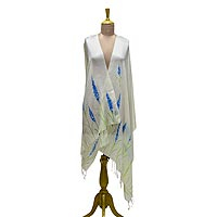 Silk blend shawl, 'Blue Blossoms' - Hand Painted Silk Blend Blue Blossoms Shawl from India