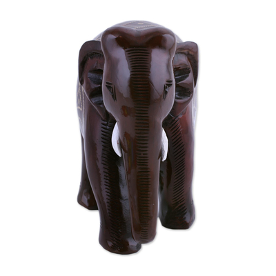 Wood figurine, 'Glorious Elephant' - High Polish Wood and Brass Inlay Elephant Figurine