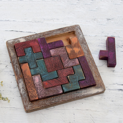 Wood puzzle, 'Colorful Challenge' - Handcrafted Colorful Wood Puzzle from India