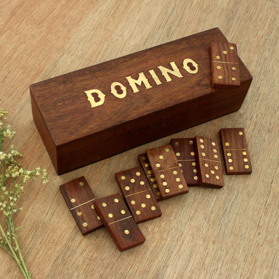 Juego de dominó de madera - Juego de dominó de madera hecho a mano con incrustaciones de latón de la India