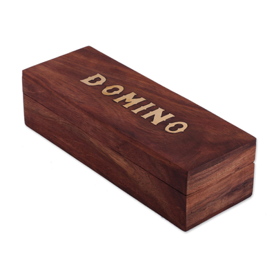 Wood domino set, 'Fun Time' - Handcrafted Wood Domino Set with Brass Inlay from India
