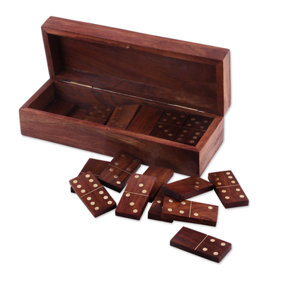 Wood domino set, 'Fun Time' - Handcrafted Wood Domino Set with Brass Inlay from India
