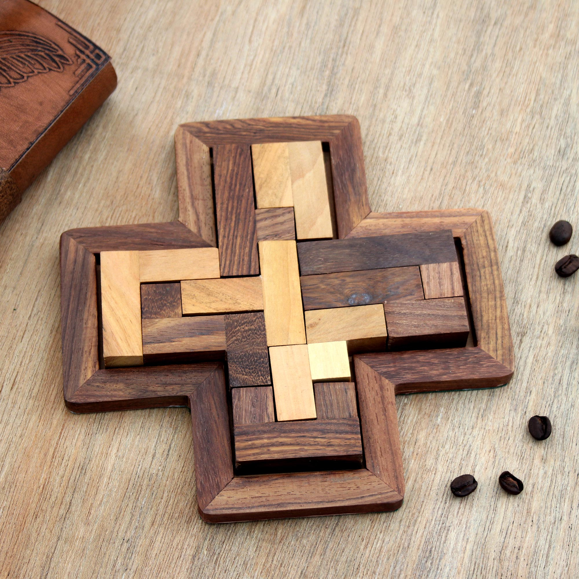 Cross Shaped Acacia and Haldu Wood Puzzle from India Cross Challenge