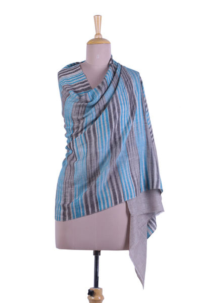 Striped Cashmere Shawl in Teal from India - Sky Lines | NOVICA