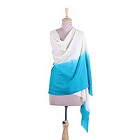 Wool shawl, 'Take a Dip' - Diamond Textured All Wool Shawl in Ivory and Turquoise