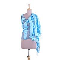Mantón de seda - Mantón azul cielo 100% seda con detalles transparentes