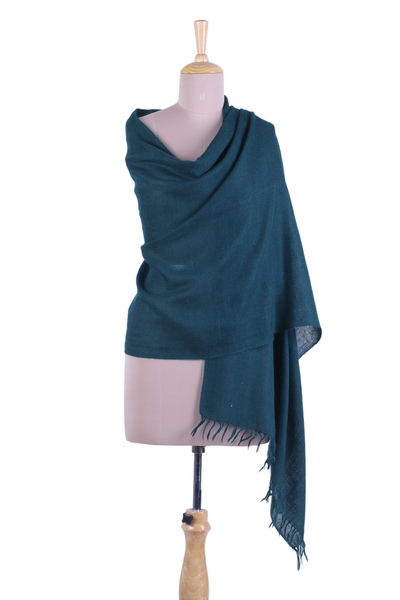 Wool shawl, 'Comfort in Green' - Hand Woven Wool Shawl in Forest Green from India