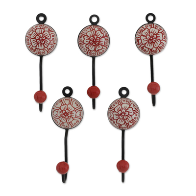 Ceramic coat hooks, 'Floral Muse in Red' (set of 5) - Five Floral Ceramic Coat Hooks in Red from India