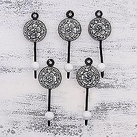 Ceramic coat hooks, 'Floral Muse in Black' (set of 5)
