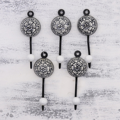 Ceramic coat hooks, 'Floral Muse in Black' (set of 5) - Five Floral Ceramic Coat Hooks in Black from India