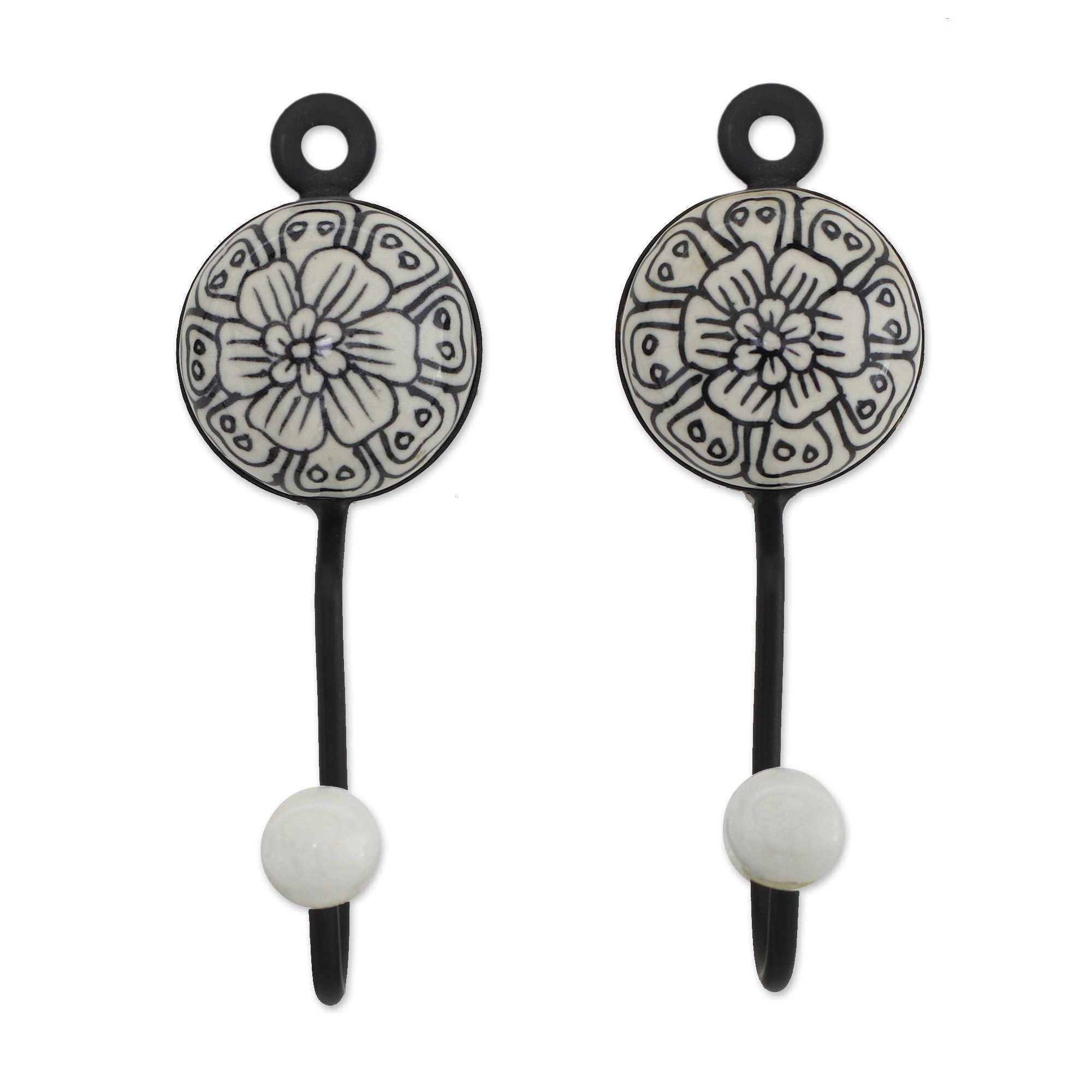 Five Floral Ceramic Coat Hooks in Black from India Floral Muse in