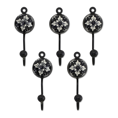 Ceramic coat hooks, 'Flower Stars' (set of 5) - Five Floral Black and White Ceramic Coat Hooks from India