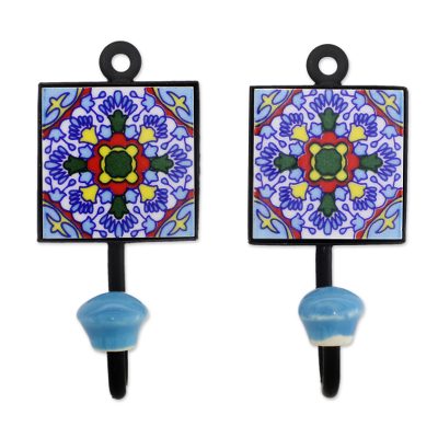Ceramic coat hooks, 'Floral Kaleidoscope' (pair) - Two Floral Multicolored Ceramic Coat Hooks from India