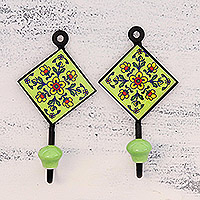 Ceramic coat hooks, 'Dainty Flowers' (pair) - Pair of Floral Painted Ceramic Coat Hooks from India