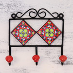 Ceramic coat rack, 'Red Garden' - Hand-Painted Floral Ceramic Coat Rack from India
