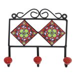 Ceramic coat rack, 'Red Garden' - Hand-Painted Floral Ceramic Coat Rack from India