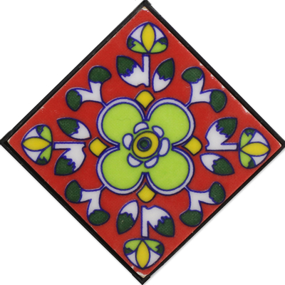 Ceramic coat rack, 'Red Garden' - Hand-Painted Floral Ceramic Coat Rack from India
